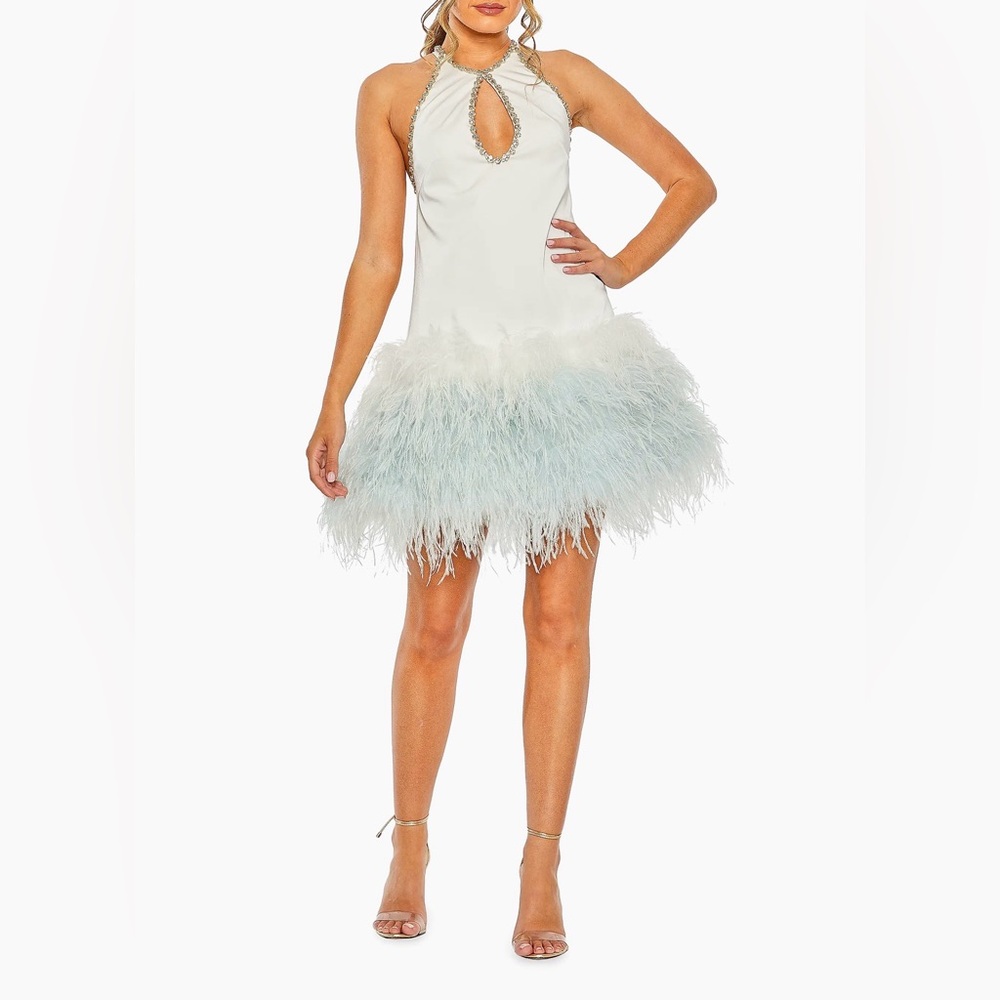 Mac Duggal Feather-Trim Halterneck Dress